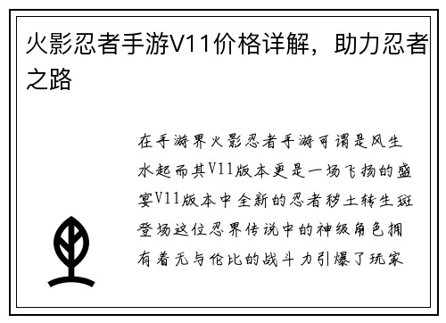 火影忍者手游V11价格详解，助力忍者之路