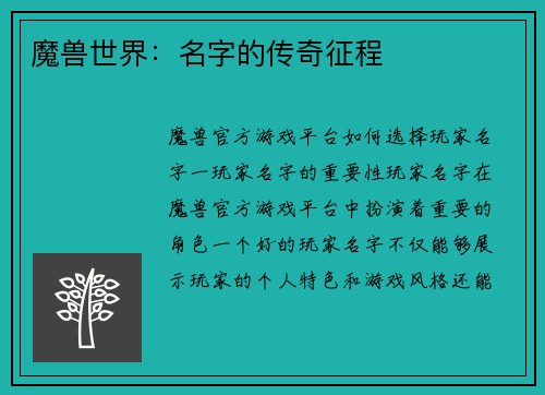 魔兽世界：名字的传奇征程