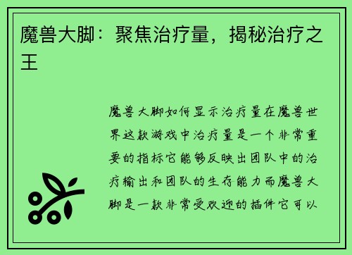 魔兽大脚：聚焦治疗量，揭秘治疗之王