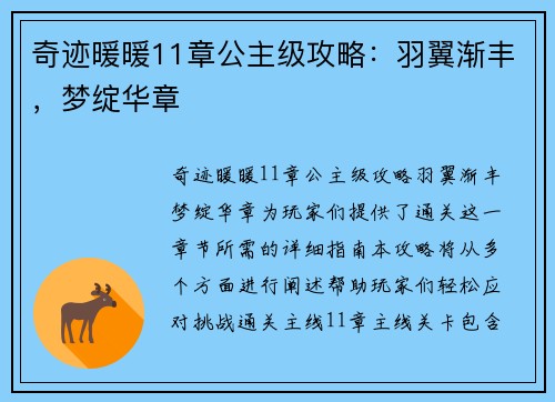 奇迹暖暖11章公主级攻略：羽翼渐丰，梦绽华章